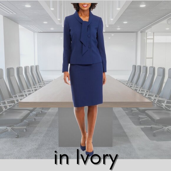 NWT - Le Suit Shawl Tied Collar 3 Button Jacket & Skirt Suit 2Pc - Ivory - 16 - Picture 6 of 14